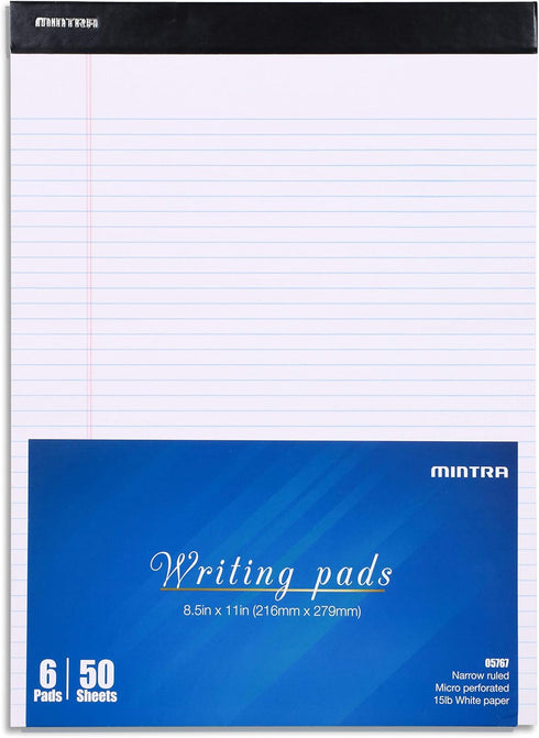 Mintra Office Legal Pads, BASIC WHITE 6pk, 8.5in x 11in, NARROW RULED, 50 Sheets per Notepad
