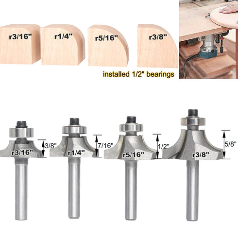 4Pcs -3/16",1/4",5/16",3/8" Set,1/4 Inch Trimming,with Roundover Router Bits,Radius Edge Forming Router Bit