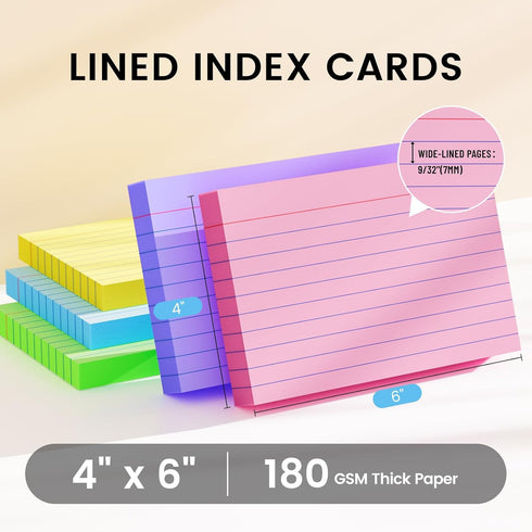 4x6, 200 Index Cards Sheets, Ruled Color Flash Cards for Effective Studying and Note-Taking, Premium Note Cards