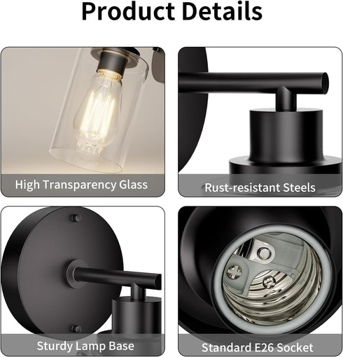 E26 BUTHY Black Wall Sconce Light: Modern Wall Sconces Indoor, LED Wall Light Fixtures with Base and Clear Glass Shade