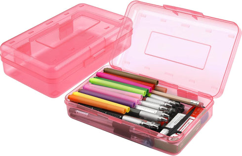 Large Capacity Clear Pencil Box, 1 Pack Hard Pencil Case with Snap-tight Lid for Office Supplies, Pink