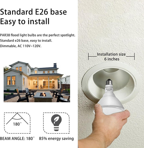 Par38 LED Flood Lights Outdoor Bulb 2 Pack, Dimmable 5000K Daylight 1800LM, 20W Replace up to 200W, Outdoor Flood Light