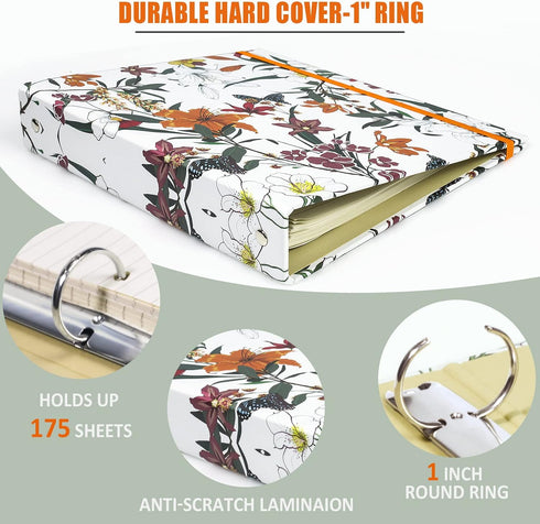 Mini 3 Ring Binder, 1 Inch, 5.5 x 8.5, Cute Flower Cover with Elastic Cord, School Binder, Recipe Binder