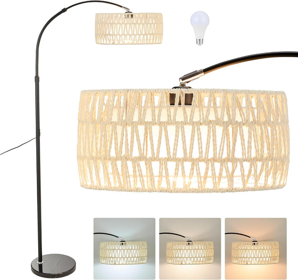Feijidengshi Arc Floor Lamp for Living Room,Stylish Rattan Boho Floor Lamp with 3