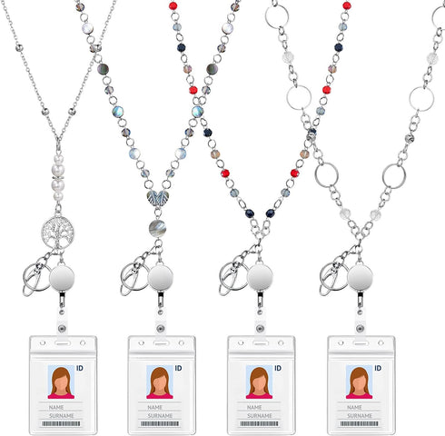 Pangda 4 Sets Retractable Badge Lanyard Necklaces | ID Card Holders Beaded Badge Reel Stainless Steel for Women