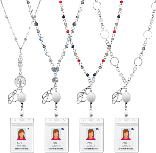 Pangda 4 Sets Retractable Badge Lanyard Necklaces | ID Card Holders Beaded Badge Reel Stainless Steel for Women