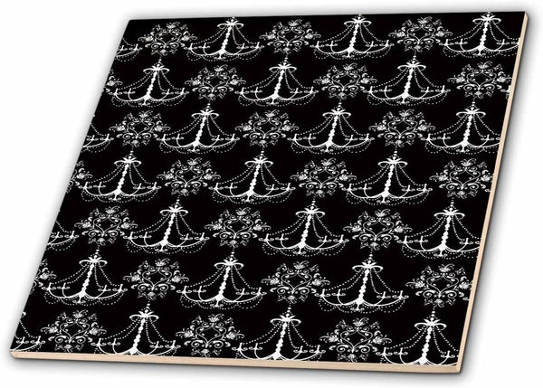 3dRose Shabby Chandelier White On Black Trendy Modern Damask Pattern 8 Inch