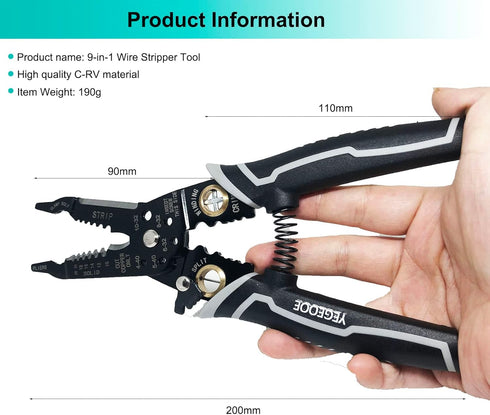 9-in-1 Wire Stripper Tool, 8inch Multifunctional Electrician Pliers for Electrical Cable Stripping, Cutting, Crimping