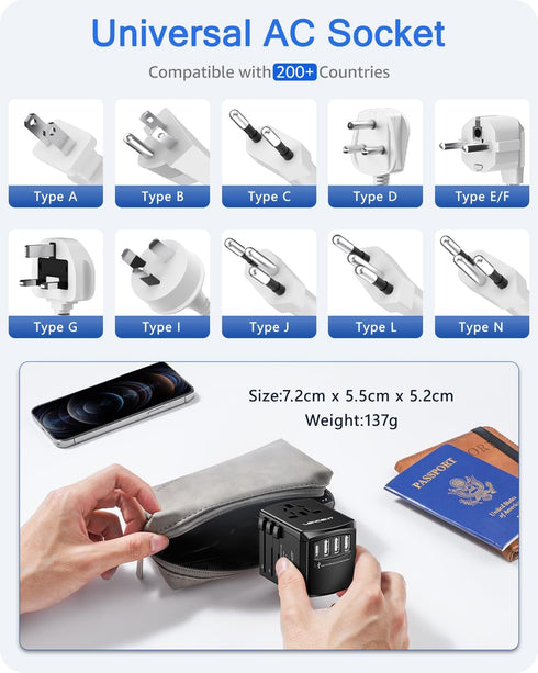 LENCENT Universal Travel Adapter, International Charger with 3 USB Ports and Type-C PD Fast Charging Adaptor for iPhone, Samsung, Tablet, Gopro. for Over 200 Countries Type A/C/G/I (USA, UK, EU AUS)