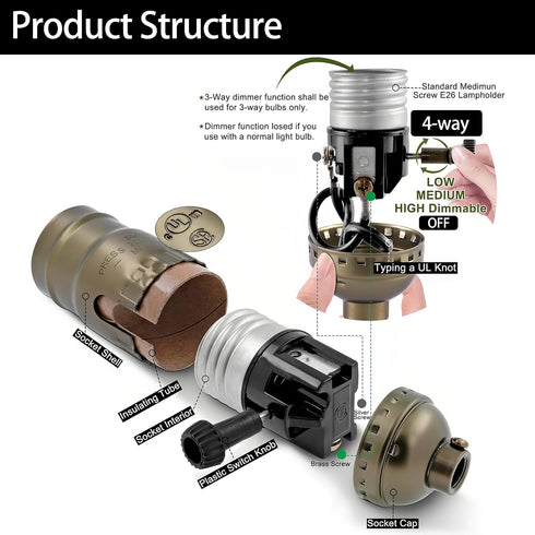 4-Stage E26 Settings, 10ft Lamp Holder Replacement Kit, Threaded Base, Turn Knob for Strong/Medium/Weak/Off Light