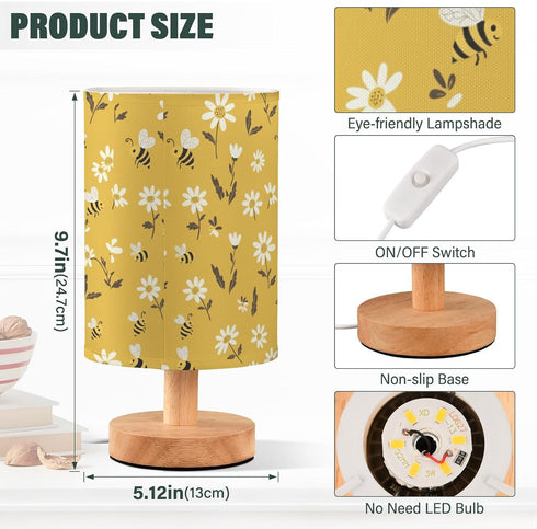 ALAZA Bedside Table Lamp for Bedroom Yellow Daisy Floral Bee Nightstand LED Light Lamps with USB Port Linen Fabric