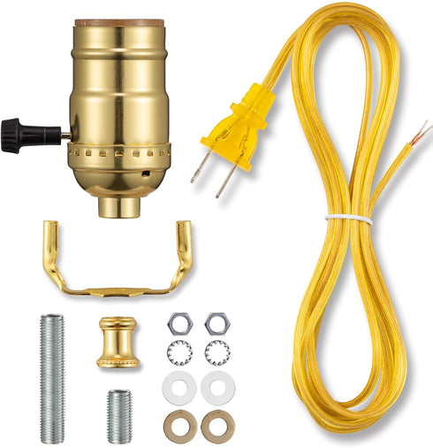 Lamp Repair Kit for Table and Floor Lamps, Rewiring Kit with 3 Way Socket Replacement, 12FT Cord, Brass Finish