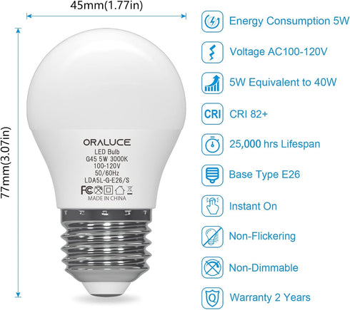 ORALUCE A15 LED Bulb 5 Watts Warm White 3000K,40W Equivalent Table Lamp Bulb, E26 Standard Screw Base G45 Shape Small Light Bulbs for House lighting,450 lumen,Non-Dimmable,6 Pack by ORALUCE