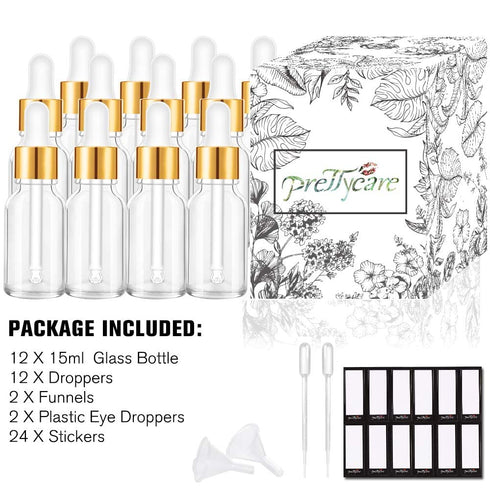 PrettyCare Eye Dropper Bottle 0.5 oz, 24 Pack Clear Glass Bottles with Golden Caps for Essential Oils