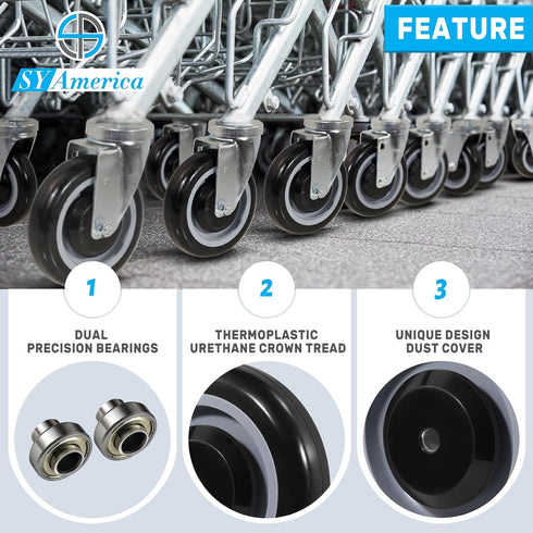 5" Set 4Load 1400 lbs(5/16"Bore,Black) SY America Shopping Cart Replacement Wheels Kit, Dual Precision