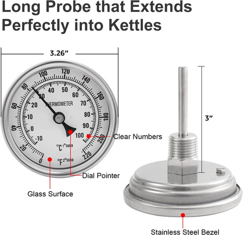 Dial Thermometer, Stainless Steel Thermometer for Home Brewing, 1/2 NPT Kettle Thermometer with Lock Nut & O-Ring