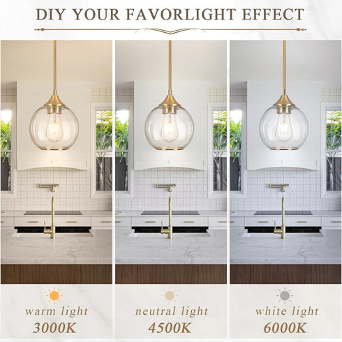 Shade,6.29" 1Light Pendant Lights Kitchen Island,Farmhouse Gold Pendant Light with Clear Glass Globe Glass Pendant