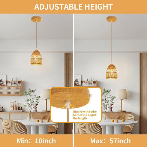 Boho Rattan Pendant Light Kitchen Island,Farmhouse Chandeliers Adjustable Height Hanging lamp for Dining Room,Small