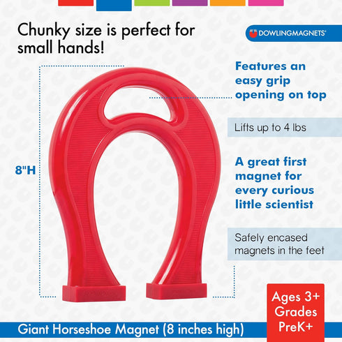 Dowling Magnets Giant Horseshoe Magnet for Kids, 8.5" x 7" x 1.125", Red, Ages 3+