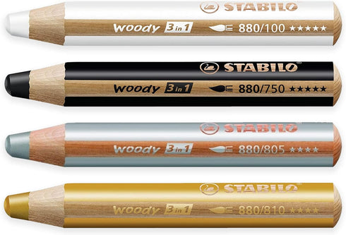 STABILO Multi-talented Pencil Woody 3-in-1 - Pack of 4 - Black, White, Gold & Silver