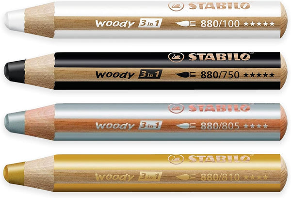 STABILO Multi-talented Pencil Woody 3-in-1 - Pack of 4 - Black, White, Gold & Silver