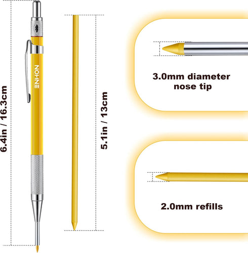 Enhon 2mm Mechanical Carpenter Pencil Set with 12 Marker Refills, Sharpener, Extended Needle-Nose Tip (Black, Yellow)