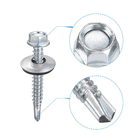 uxcell #12 x 1-1/2" Self Drilling Screws with Rubber Washer - 100pcs Zinc Plated Steel Roofing Screws