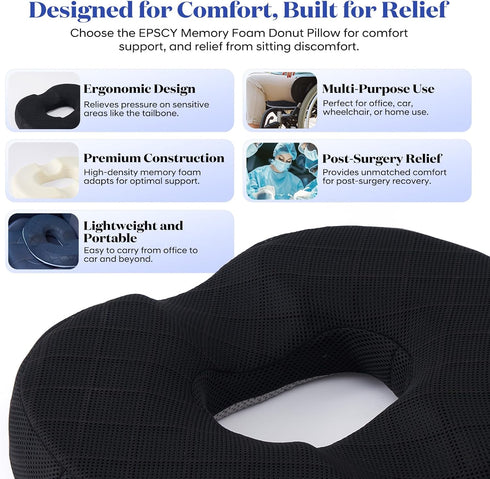 Tailbone EPSCY Memory Foam Donut Cushion for Coccyx, Hemorrhoid, Sciatica & Pain Relief - Pressure Reducing Seat