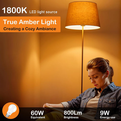 YukiHalu LED Amber Light Bulbs, A19 1800K E26 800Lm, 60W Equivalent Soft Warm Sleep Light Bulbs for Healthy Sleep, Baby Nursery Light, Bedroom Night Light, Not-Dim, 2-Pack by YukiHalu