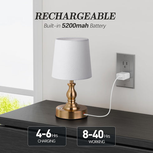 5200mAh 3-Level Dimmable PARTPHONER Mini Cordless LED Table Lamp, Rechargeable Battery Operated Lamp, Brightness, Touch