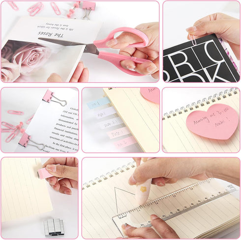 Pink Stapler and Tape Dispenser Set, Office Supplies Kit with Staple Remover, 1000 Staples, Clips, Tape, Scissors, Tabs
