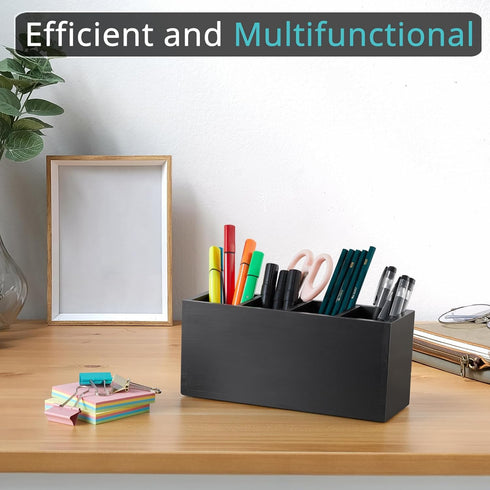 Pencil Pen Holder for Desk, Wooden Office Desk Organizers and Accessories with 4 Slots for Countertop, Makeup Brush Holder Organizer for Bathroom Vanity, Silverware Caddy for Party, Black by Bivvclaz