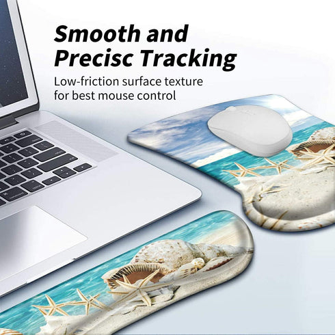 Ergonomic Mousepad with Wrist Support Gel, Comfortable Keyboard Pad Set, Seashells Beach Design, Non-Slip Base