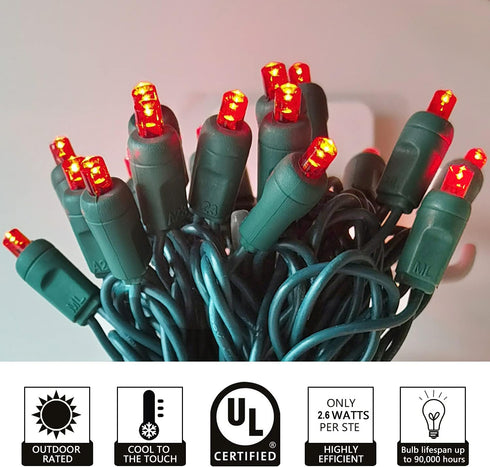 Christmas Lights - 50 Red LED 17FT Mini String Lights, 120V UL, Green Wire for Indoor & Outdoor Holiday Decorations