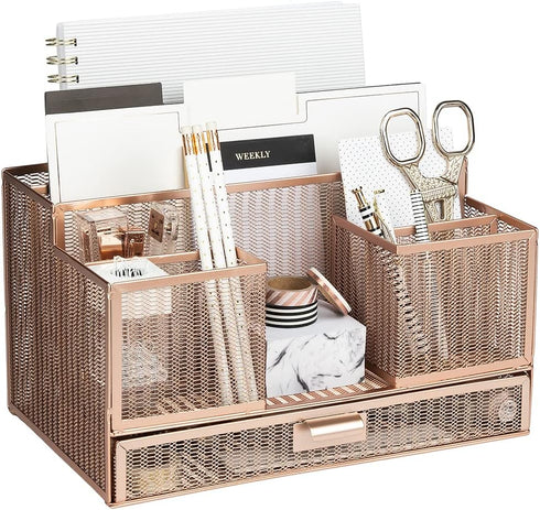 BLU MONACO Office Rose Gold Desk Organizer with Sticky Note and File Holder – Workspace Organizers Storage for Vanity