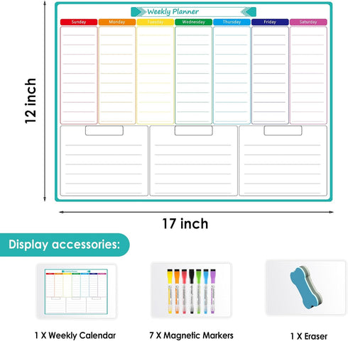 MaxGear Weekly Dry Erase Board - Magnetic Calendar Whiteboard Planner for Fridge, 17"x12" with Markers and Eraser