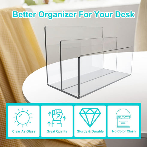 Clear Acrylic 2 Sections File Holder, Desk Organizer for Office Files, Wallet & Purse Display Stand (Clear 2 Sections