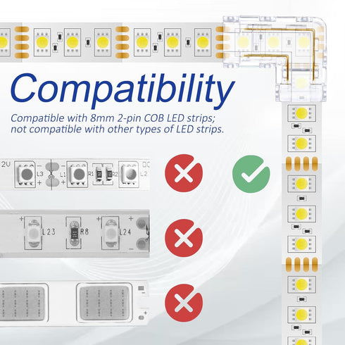 Styquenzer 12 8mm 2-Pin 5V/9V/12V/24V Pcs COB LED Strip Light Connectors, LED Strip, Gapless L-Shaped Corner