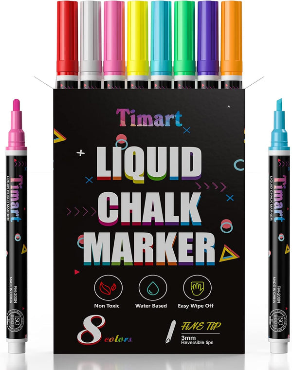Liquid Chalk Markers, 3mm Fine Tip Chalk Pens, 8 Colors Washable for Chalkboard, Dry Erase Marker Pens
