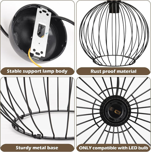 E26 Bulb), Black Ball Modern Industrial Chandelier DIY Metal Cage Pendant Light Fixture, Base (No Assembly Required