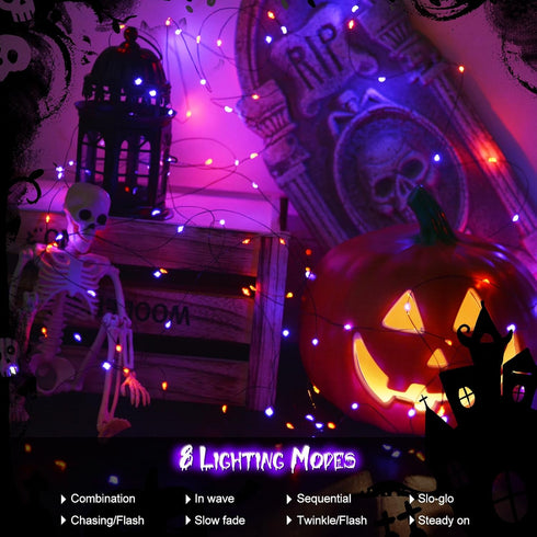 2 Pack 200 66Ft 8 echosari Halloween Fairy Lights Battery Operated, LED Auto Timer Silver Wire Starry String Lights