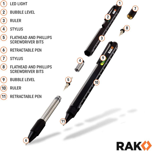 RAK Multi-Tool 2Pc Pen Set with LED Light, Touchscreen Stylus, Ruler, Level, and Screwdrivers