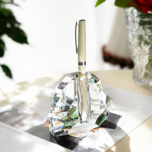 QFkris 3.5'' Crystal Signature Fountain Pen & Pencil Holder, Heart Shaped Glass Cut Pen Stand, Office Supplies Desktop