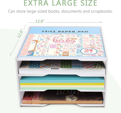 SONGWAY Scrapbook Paper Organizer, 12x12-4 Tier File Organizer for Desk, Stackable Paper Trays for Home Office