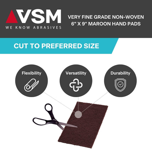 VSM 10-Pack, 6" x 9", Maroon Very Fine Non-Woven Hand Pad, Aluminum Oxide Grains for Finishing and Cleaning