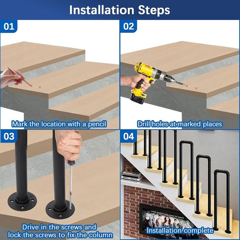 PAUANI 1PCS Villa(Black,35cm) U-Shaped Metal Stair Railing Kit, Industrial Stair Handrail, Non-Slip Safety Elderly