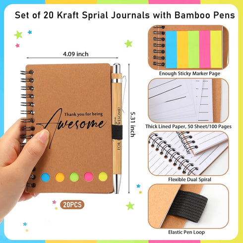 Chuangdi 20 Sets Employee Appreciation Thank You Gifts - Inspirational Spiral Notebook and Bamboo Pen