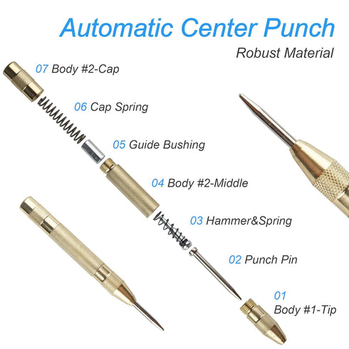 2 Pcs Automatic Center Punch, 5'' Premium Spring Loaded Hole Punch, Heavy Duty Steel Marker Tool for Metal, Wood & Glass