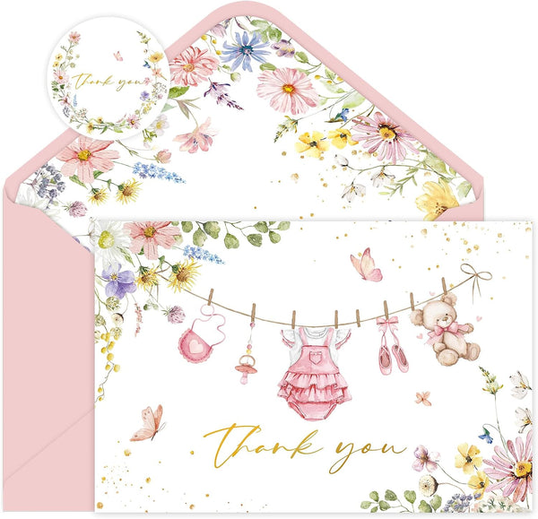 SMUAENSS 24 Pack Pink Baby Shower Thank You Cards with Envelopes, Girl Baby
