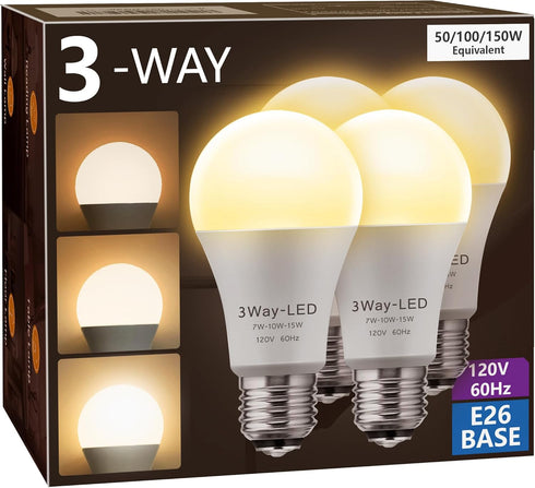Briignite 3 Way LED Light Bulbs, 50 100 150W Equivalent, Warm White 3000K, E26 Medium Base, 4 Pack